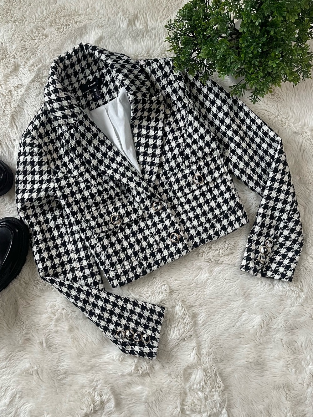 NWOT AQUA Houndstooth Tweed Cropped Blazer Jacket XS